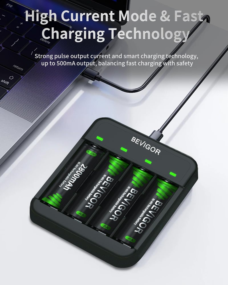BEVIGOR 4 Bays AA AAA Battery Charger, USB High-Speed Charging, Independent Slot, for Ni-MH Ni-CD Rechargeable Batteries - Image 5